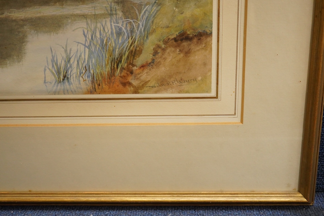 Four watercolours to include Wilmot Pilsbury, ‘On the Soar near Barrow Mill, Rutland’, Henry George Hine, ‘A Windmill by a Canal’ and Francis Nicholson, ‘Figures on a Bridge’, some with labels verso, largest 24 x 34cm